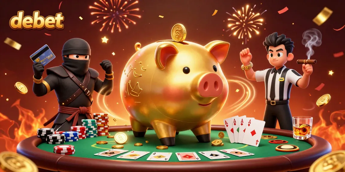 Experience debet winnings with a golden piggy bank sumo wrestler and intense poker elements.