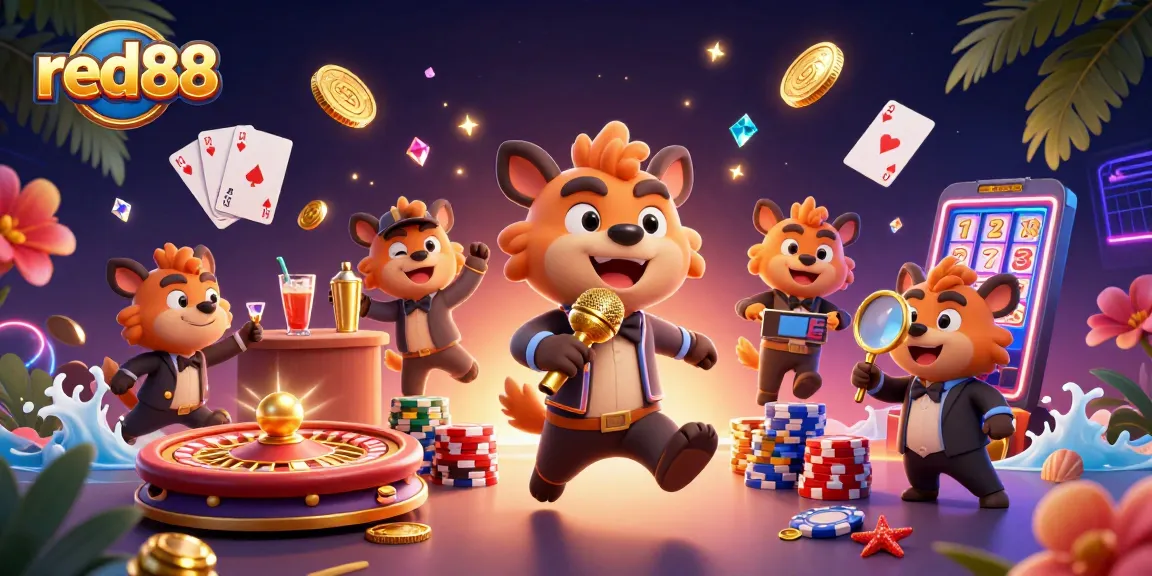 red88 hyenas running a vibrant casino club with golden coins and slot machines
