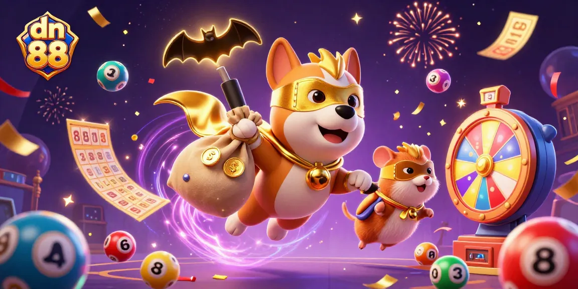 Win big with dn 88 as the superhero dog and hamster celebrate in a vibrant casino scene.