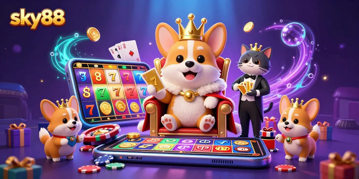 Spin vibrant slot reels at sky88 with the royal corgi in an exciting casino scene.