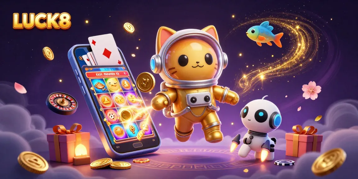 LUCK8 offers thrilling slots experience, featuring an astronaut cat and animated gaming elements.