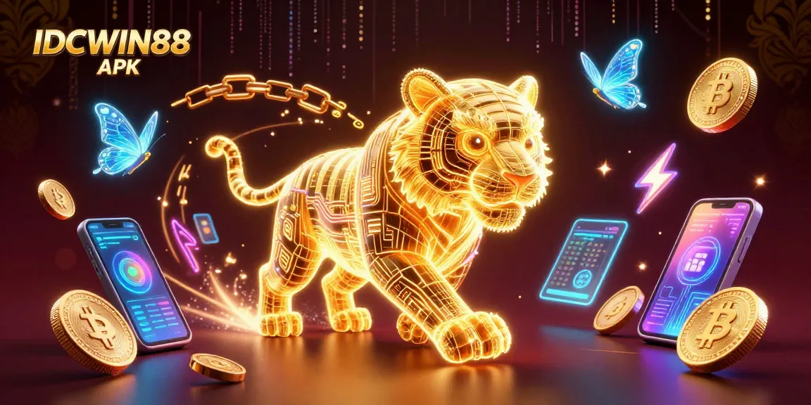 Play exciting games and win big with IDCWIN88 APK, featuring vibrant 3D elements and a stunning casino landscape.