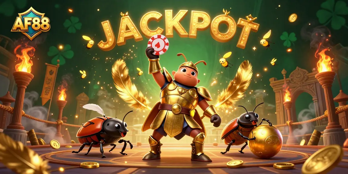 Experience thrilling gaming with AF88 as a hercules beetle celebrates a jackpot victory surrounded by glittering casino elements.