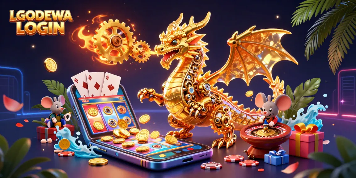 Engage with the dynamic LGODEWA LOGIN scene depicting a golden dragon, slot games, and poker elements.