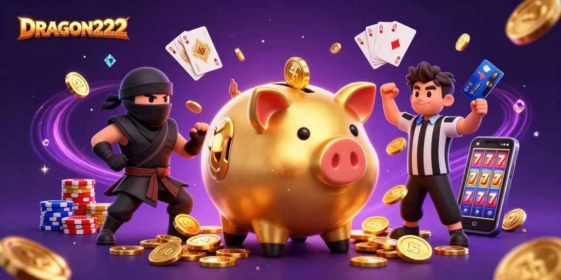 Feel the excitement with DRAGON222 as the golden piggy bank sumo wrestler unleashes a storm of coins in this dynamic gaming scene.